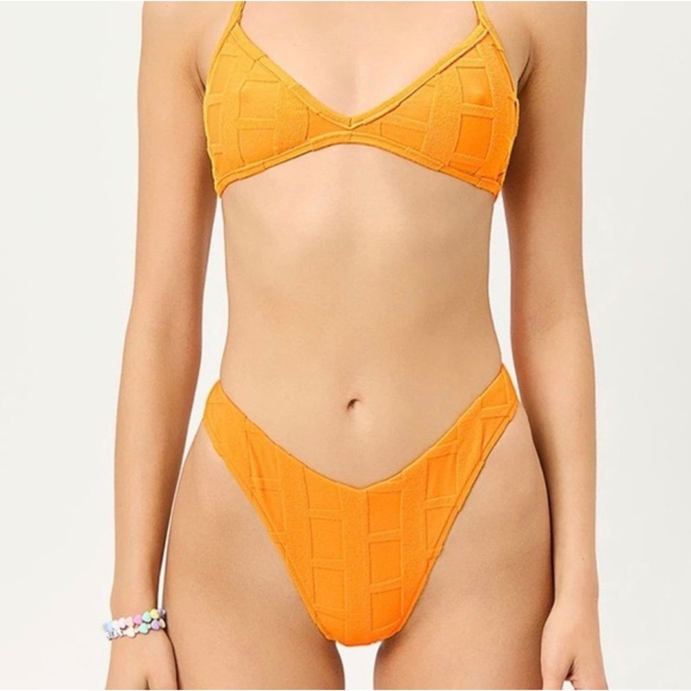Frankies Bikinis x Naomi Orange Textured Square Pattern Bikini Bottom Large
